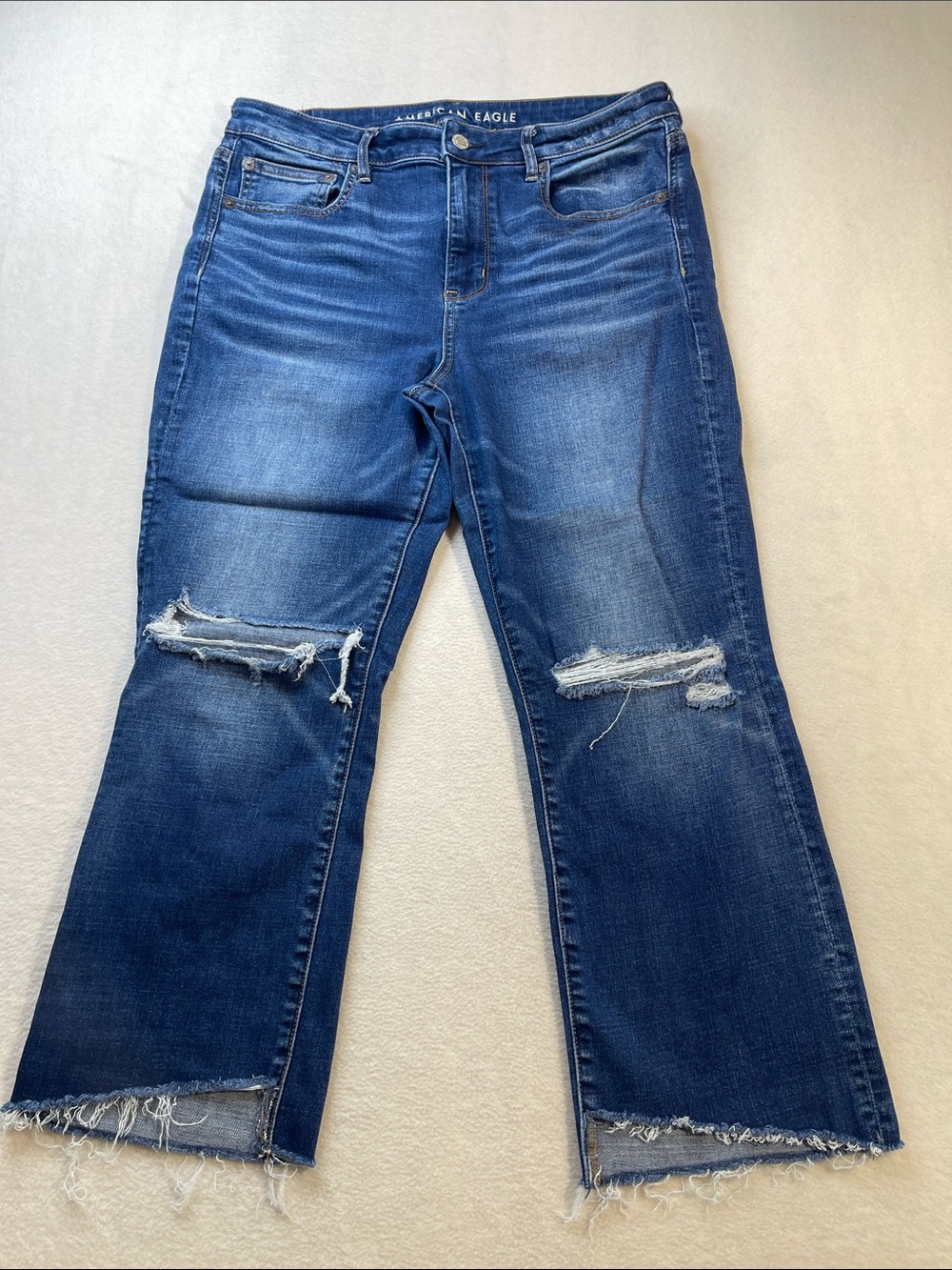 American Eagle SUPER STRETCH Blue Distressed Wide Leg Jeans WOMEN SIZE 12 SHORT